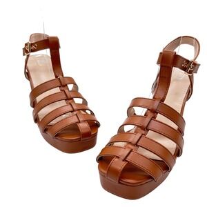 Allegra K Platform Heel Sandals Womens 7 Brown‎ Strappy Cage T Strap Block Heel